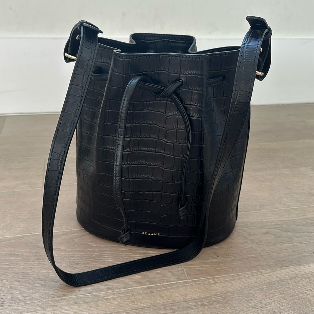 Black Croc-Embossed Bucket Bag